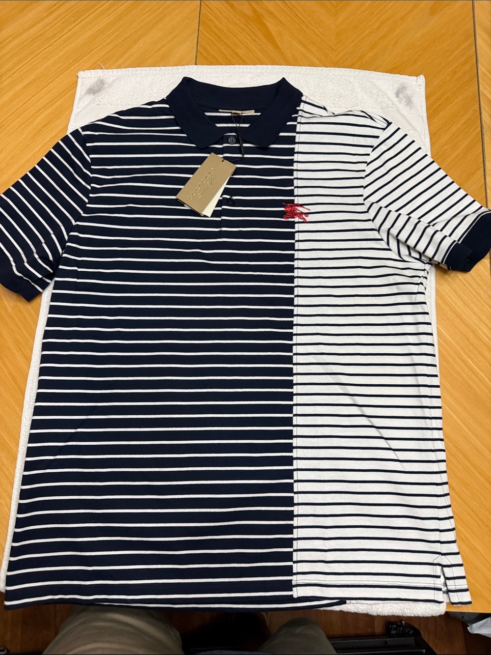 Men's Burberry Navy & White Striped Polo Shirt with Contrast Panel. Fits like 2X